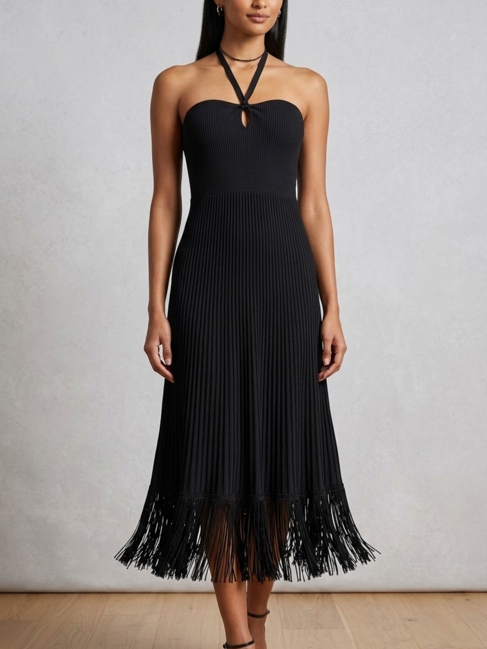Strapless Black Pleated Fringe Midi Dress